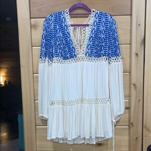 Free People Blue and Cream Lace Blouse